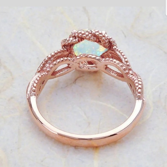 Rose Gold Round Opal Halo Twist Ring - Picture 3 of 5